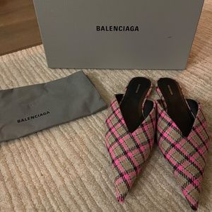 BALENCIAGA Knife Tweed Checkered Wool Mules (SZ 7)